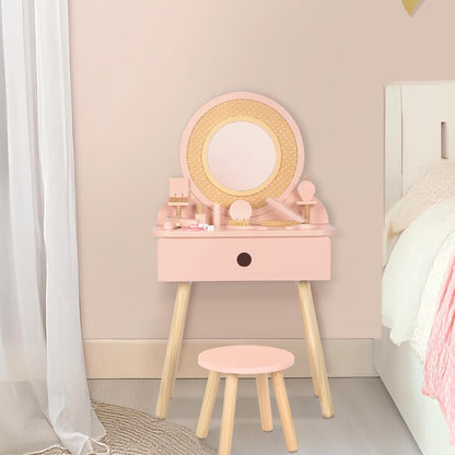Kids Vanity Table and Chair Set, Pink Girls Vanity with 11 Pcs Accessories, Enough for Real and Pretend Makeup, Toddler Vanity for 3 Year Old and up as Ideal Gift