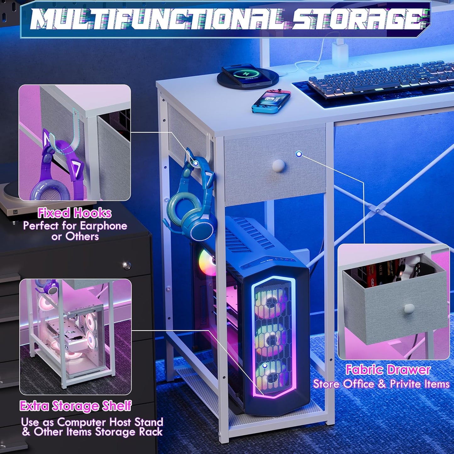 33.5" Small Gaming Desk with LED Lights & Power Outlets, Compact Computer Desk with Monitor Stand & CPU Stand, Gamer Table with Storage Drawer, Side Hooks for Home Office, Bedroom, White