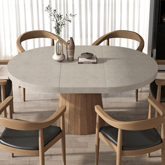 round Extendable Dining Table with Pedestal Base, 39"-55" Expandable Dining Room Table Oval Kitchen Dinette Table for 4-6 (Gray & Walnut)