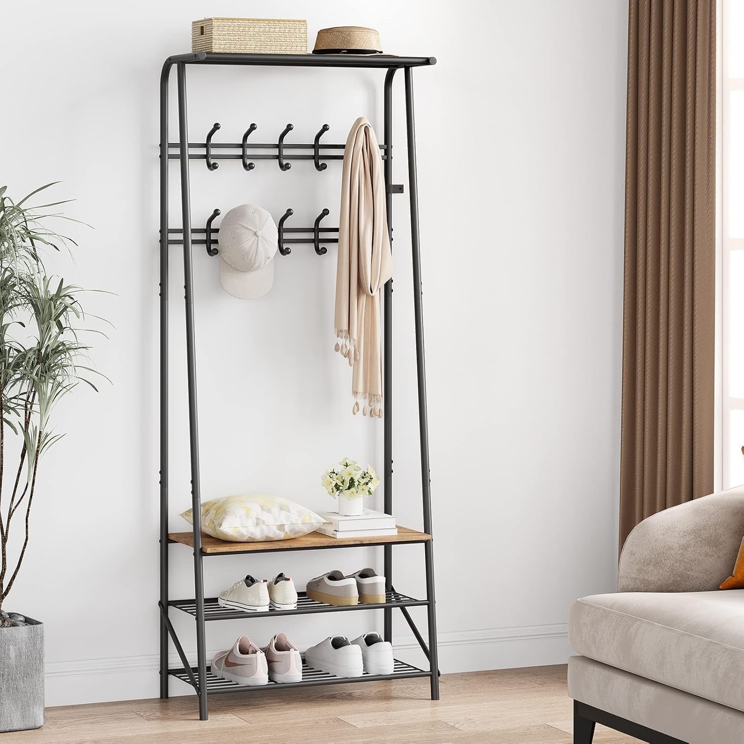 Coat Rack Shoe Bench with 8 Hooks, Hall Trees Entryway Bench with Storage, Multifunctional Hallway Organizer, Wood Look Accent Furniture with Metal Frame for Entryway, Living Room, Bedroom