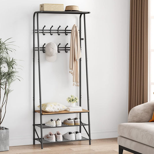 Coat Rack Shoe Bench with 8 Hooks, Hall Trees Entryway Bench with Storage, Multifunctional Hallway Organizer, Wood Look Accent Furniture with Metal Frame for Entryway, Living Room, Bedroom