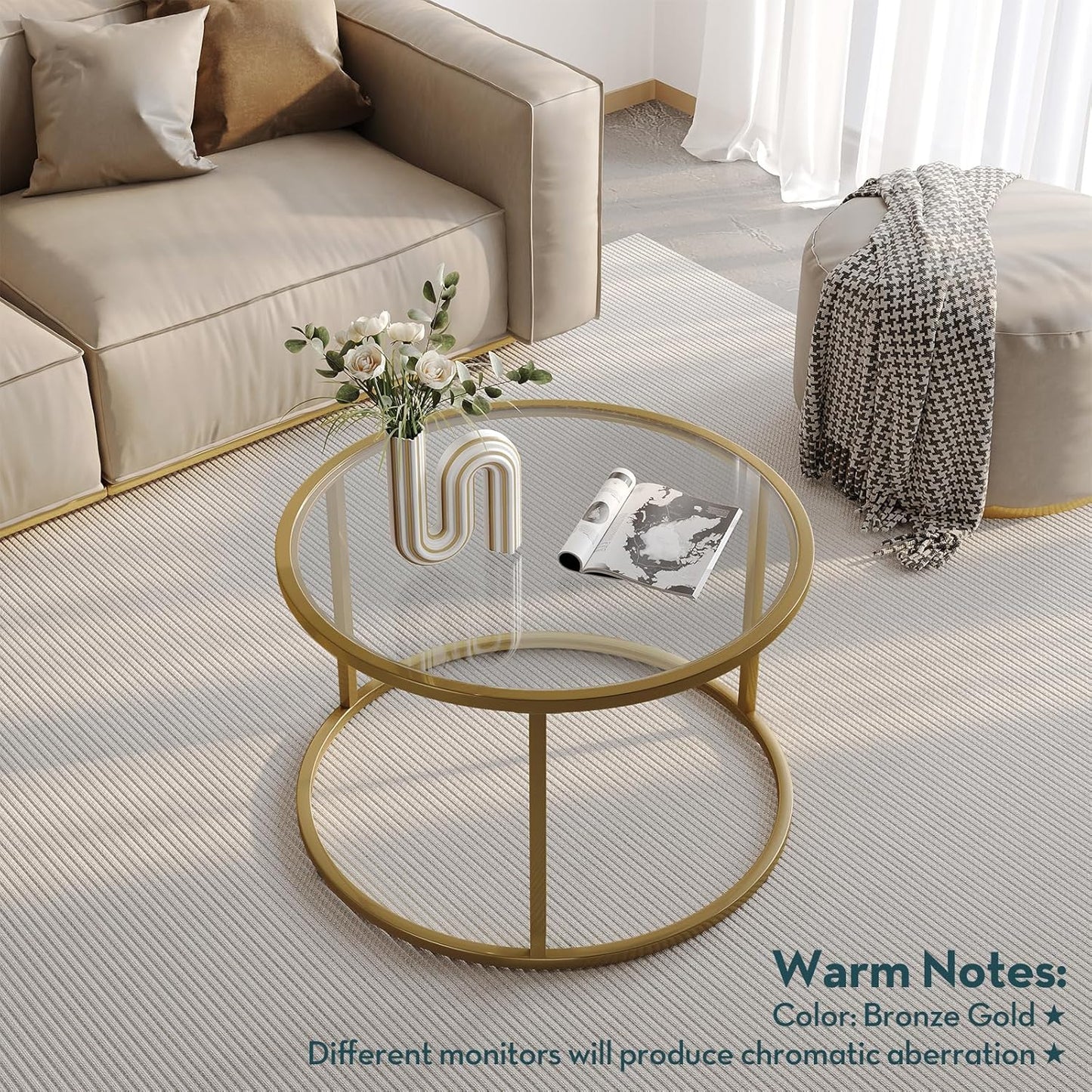Small Glass Coffee Table round Gold Coffee Table for Small Space Modern Simple Center Table with Gold Frame for Living Room Home Office, Easy Assembly