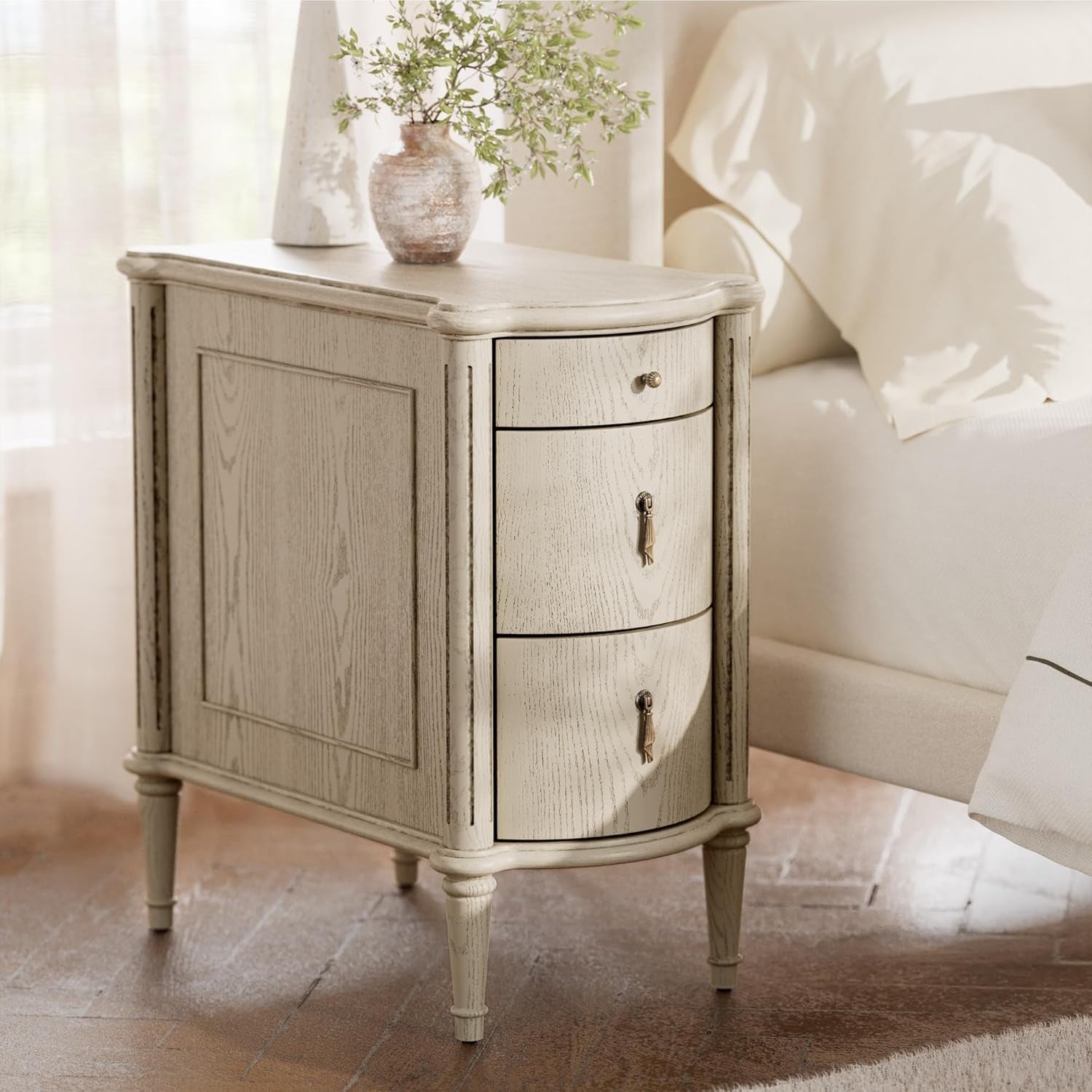 Nightstand W/Charging Station & 3 Drawers, Pre-Assembled, Vintage Side Table W/Antique-Finished Pulls, Rustic Wood Finish, Narrow End Table W/Turned Legs for Bedroom (1, Antique Grey)