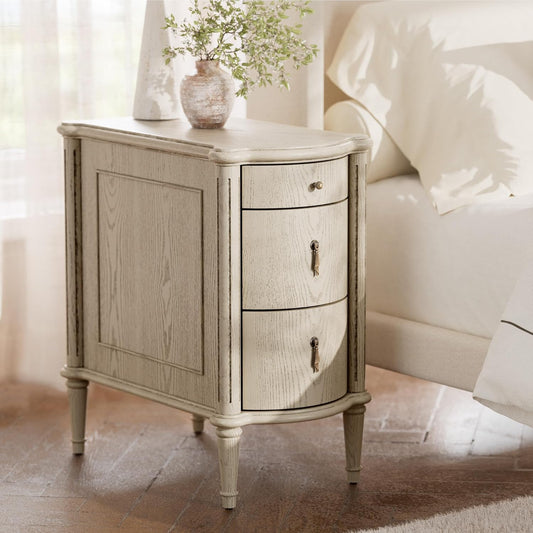 Nightstand W/Charging Station & 3 Drawers, Pre-Assembled, Vintage Side Table W/Antique-Finished Pulls, Rustic Wood Finish, Narrow End Table W/Turned Legs for Bedroom (1, Antique Grey)