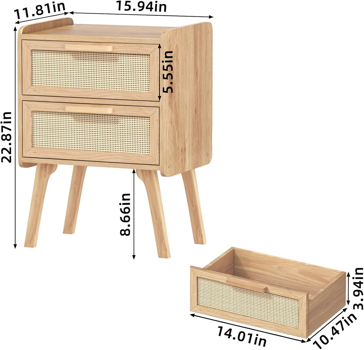 Rattan Nightstands Set of 2, Boho Night Stand with 2 Drawers, Cane Accent Side End Table, Bedside Table with Solid Wood Legs for Bedroom, Dorm and Small Spaces (Natural)