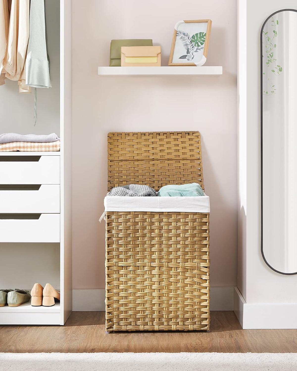 Laundry Hamper with Lid, 90L Clothes Hamper with 2 Removable Liner Bags, 6 Mesh Bags, Wicker Laundry Basket, Double Laundry Hamper for Bathroom, 13 X 18.1 X 23.6 Inches, Natural ULCB251N01V1