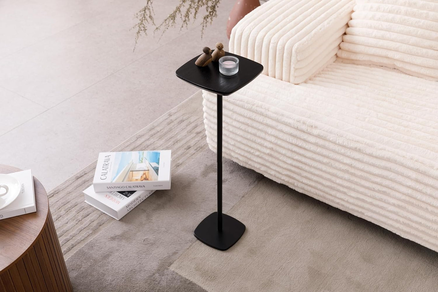 Small Pedestal Drink Table, Wooden Top Side Tables Martini Cocktail Drink Stand, Durable Square Tiny End Table Accent Table with Weighted Base for Living Room, Bedroom, Office, Small Spaces, Black