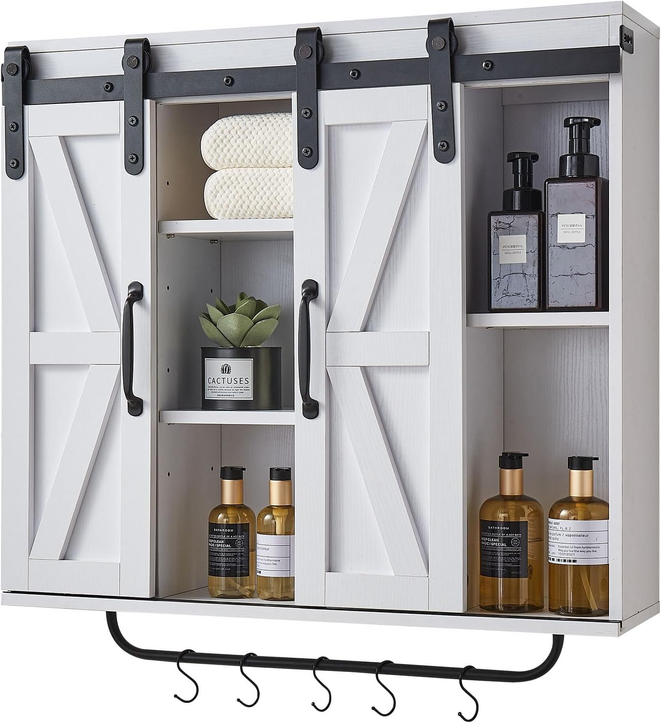 Bathroom Wall Cabinet, 2 Doors and Adjustable Shelf, over the Toilet Storage Medicine Cabinet Wall Mounted, Hanging Organizer with Open Partition/Towel Bar/Hooks for Laundry Room Kitchen, White