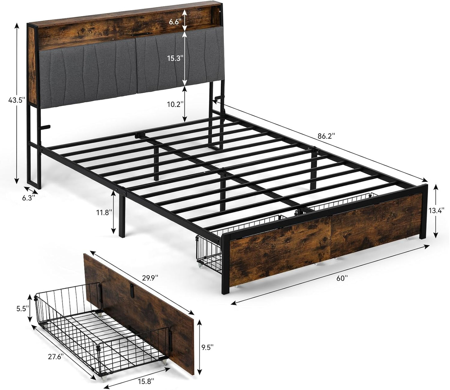 Queen Size Platform Bed Frame with LED Lights and Charging Station, Storage Headboard and Footboard Drawers, No Box Spring Needed, Rustic Wood Look