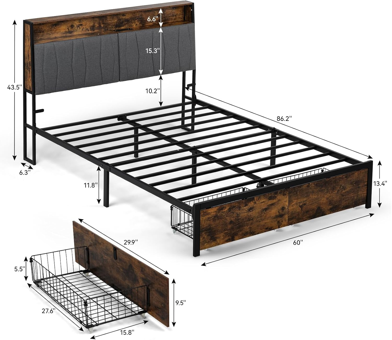 Queen Size Platform Bed Frame with LED Lights and Charging Station, Storage Headboard and Footboard Drawers, No Box Spring Needed, Rustic Wood Look