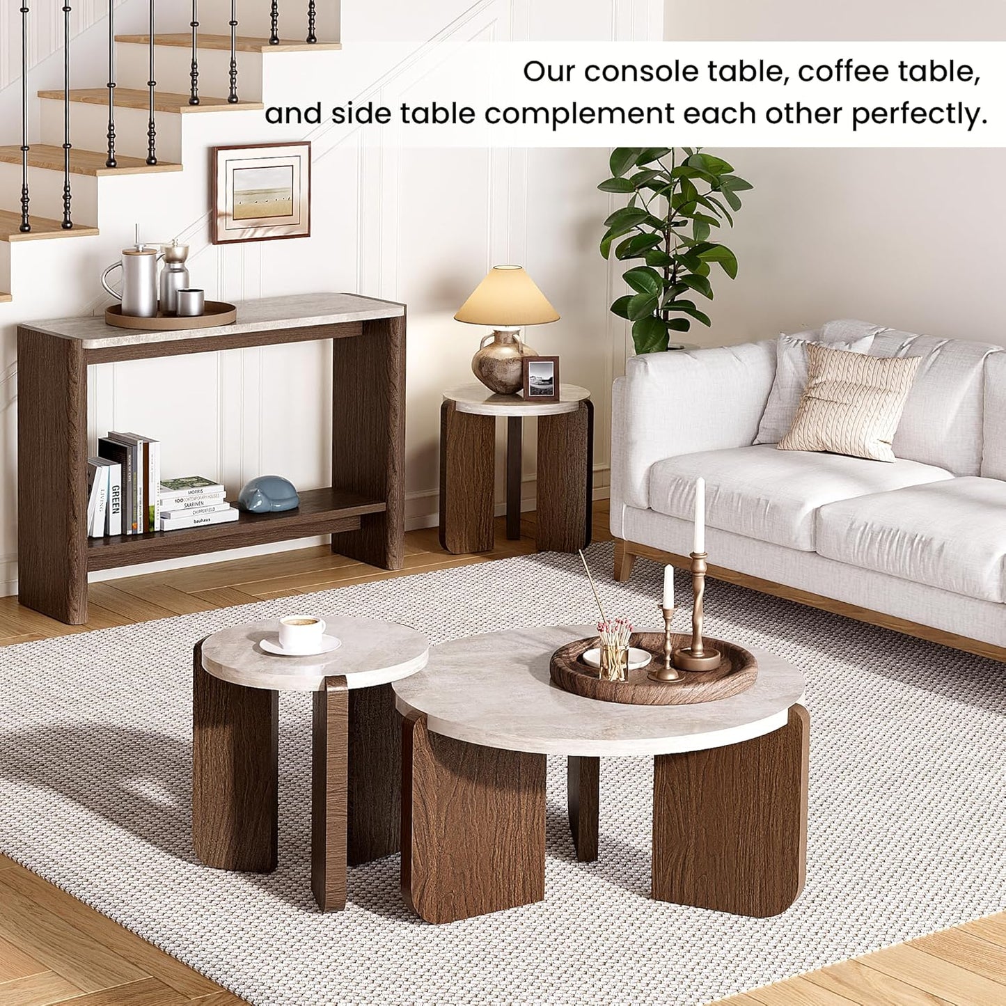 Modern round Coffee Table with Sturdy Base, Wood Center Tables for Living Room Reception Room, Faux Marble Tabletop, Easy Assemble