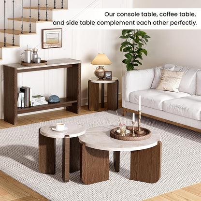 Modern round Coffee Table with Sturdy Base, Wood Center Tables for Living Room Reception Room, Faux Marble Tabletop, Easy Assemble