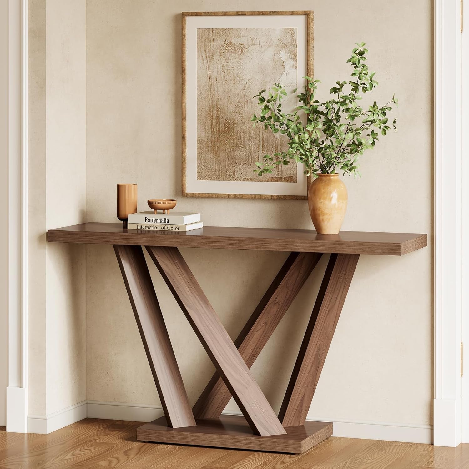 63-Inch Console Table with Geometric Base, Modern Long Narrow Accent Sofa Table behind the Couch, Wood Entryway Table for Hallway, Foyer, Living Room, Dark Brown