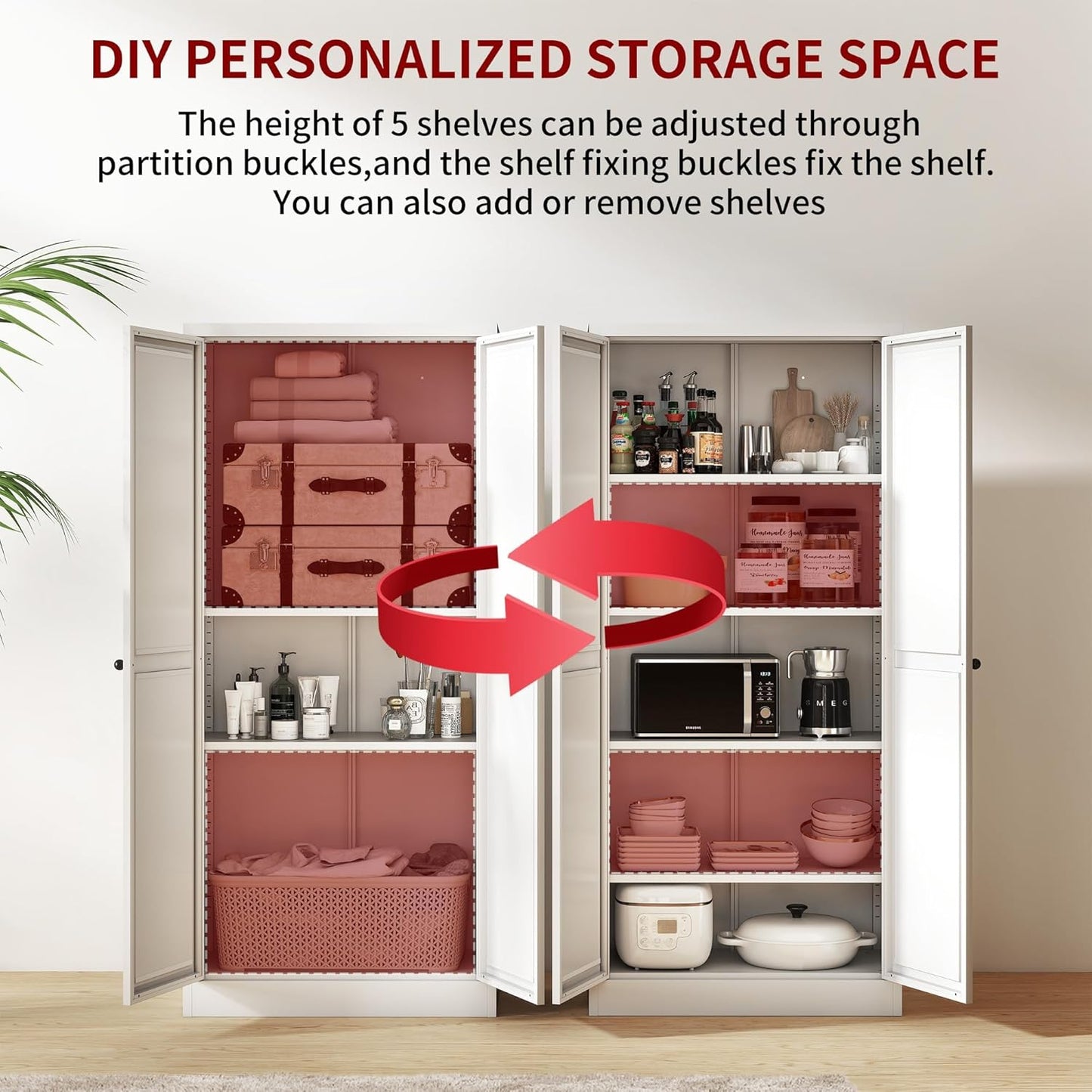 Kitchen Pantry Cabinet,61" White Pantry Storage Cabinet with 4 Tier Adjustable Shelves and 2 Doors,Freestanding Cupboard,Metal Pantry Cabinets with Handle for Living Room Kitchen Assembly Required