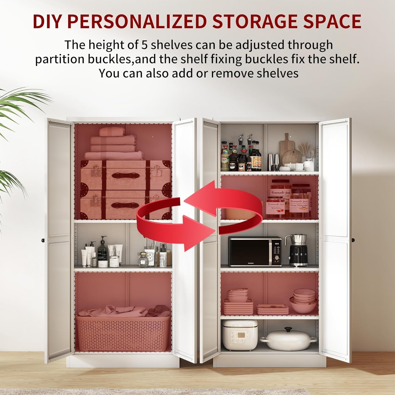 Kitchen Pantry Cabinet,61" White Pantry Storage Cabinet with 4 Tier Adjustable Shelves and 2 Doors,Freestanding Cupboard,Metal Pantry Cabinets with Handle for Living Room Kitchen Assembly Required