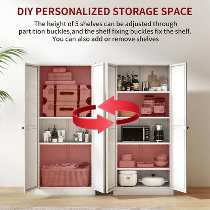Kitchen Pantry Cabinet,61" White Pantry Storage Cabinet with 4 Tier Adjustable Shelves and 2 Doors,Freestanding Cupboard,Metal Pantry Cabinets with Handle for Living Room Kitchen Assembly Required