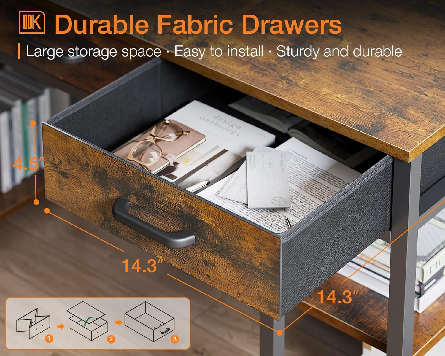 Office Small Computer Desk: Home Table with Fabric Drawers & Storage Shelves, Modern Writing Desk, Grey Oak, 48"X16"