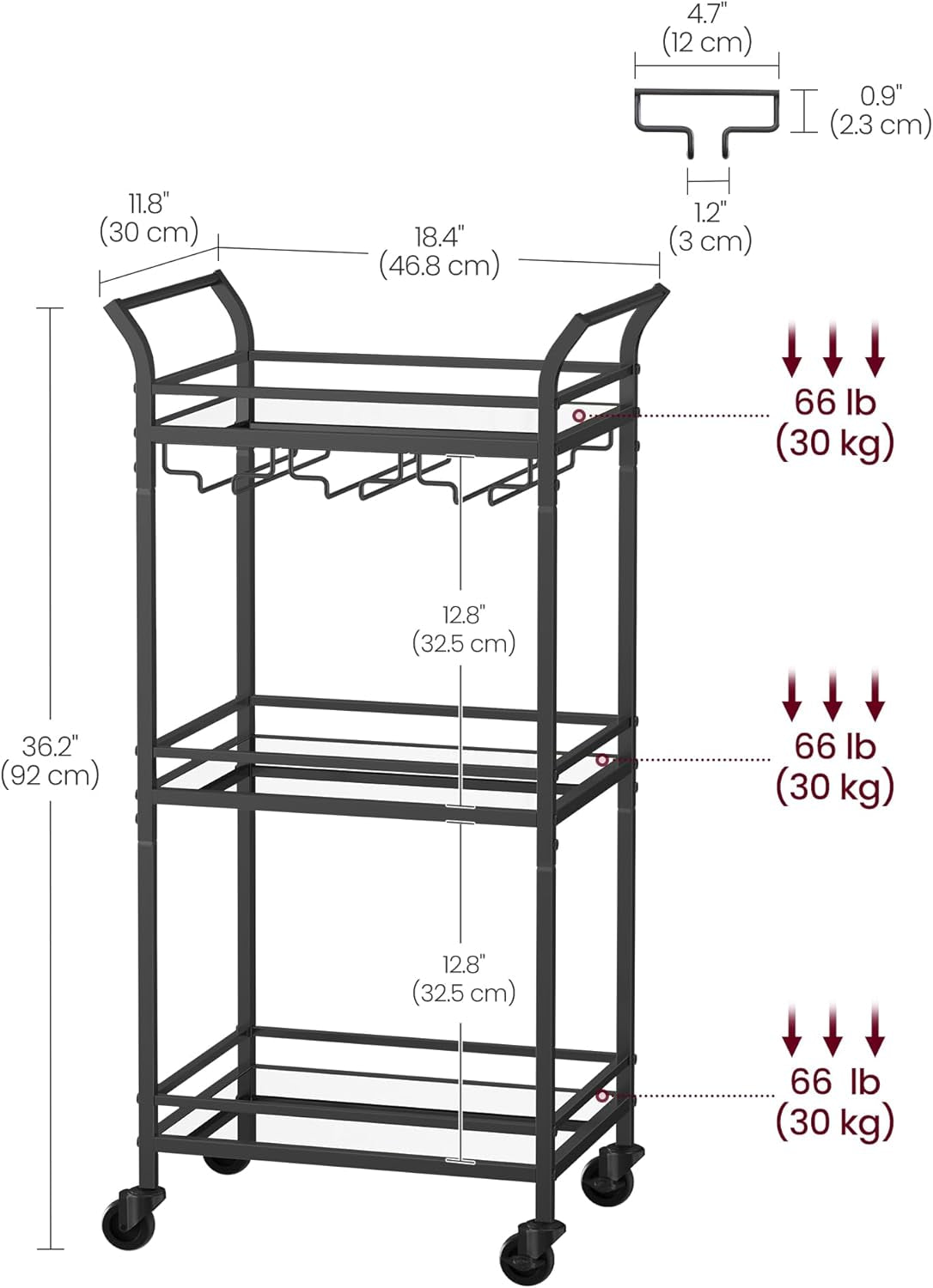 Bar Cart, Home Bar Serving Cart, Small Bar Serving Cart with 3-Tier Shelf, Wine Holders, Glass Holders, Mini Bar Cart for Small Spaces, Kitchen, Dining Room, Living Room, Ink Black
