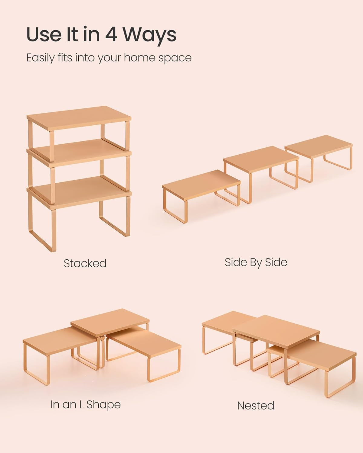 Cabinet Organizer Shelf, Set of 3 Kitchen Counter Shelves, Kitchen Storage, Spice Rack, Stackable, Expandable, Apricot UKCS220Y01V1