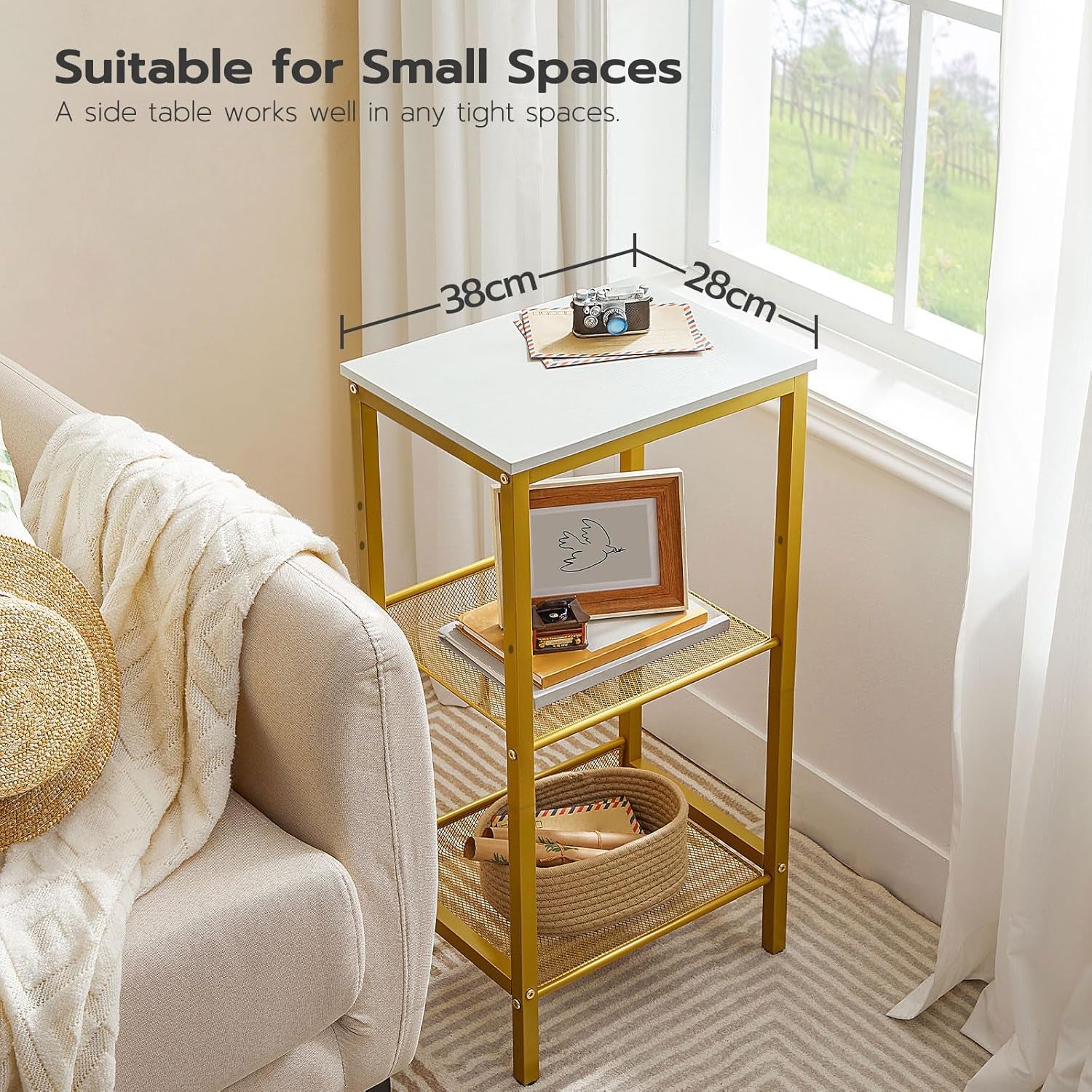 Side Table, 3-Tier Tall End Telephone Table with Adjustable Mesh Shelves, Small Entryway Stand for Living Room Bedroom Hallway or Office, White and Gold DW01DH01G1
