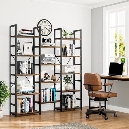 Triple Column 5 Tier Bookshelf, Bookcase with 14 Open Display Shelves, Adjustable Rustic Industrial Style Book Shelves, Modern Bookshelves for Bedroom, Living Room and Home Office, Vintage