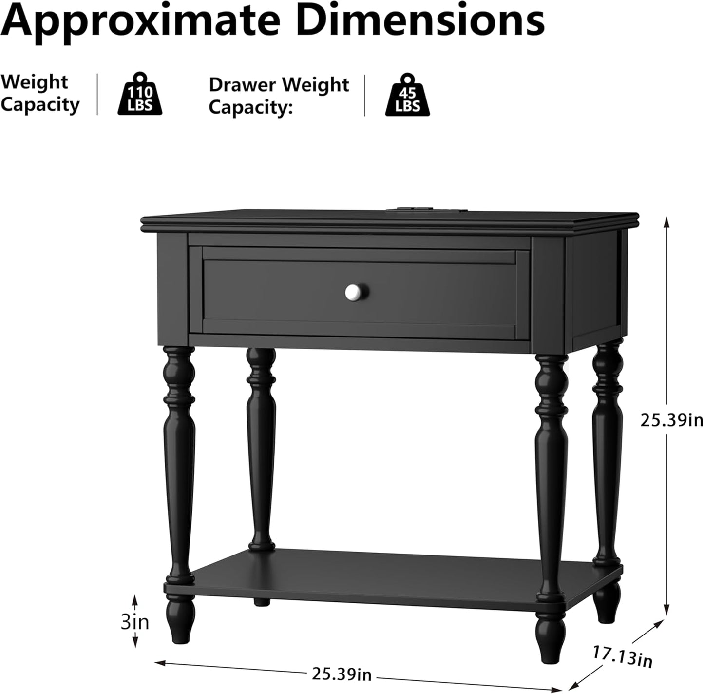 Solid Wood Nightstand with Charging Station, Traditional End Table with Drawers and Open Shelf, Bedside Table with Storage, Modern Side Table for Bedroom Set of 2, Black