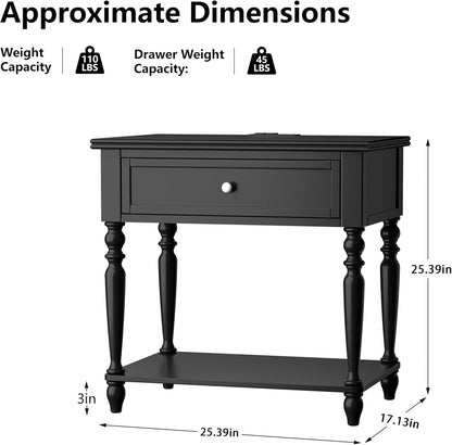 Solid Wood Nightstand with Charging Station, Traditional End Table with Drawers and Open Shelf, Bedside Table with Storage, Modern Side Table for Bedroom Set of 2, Black