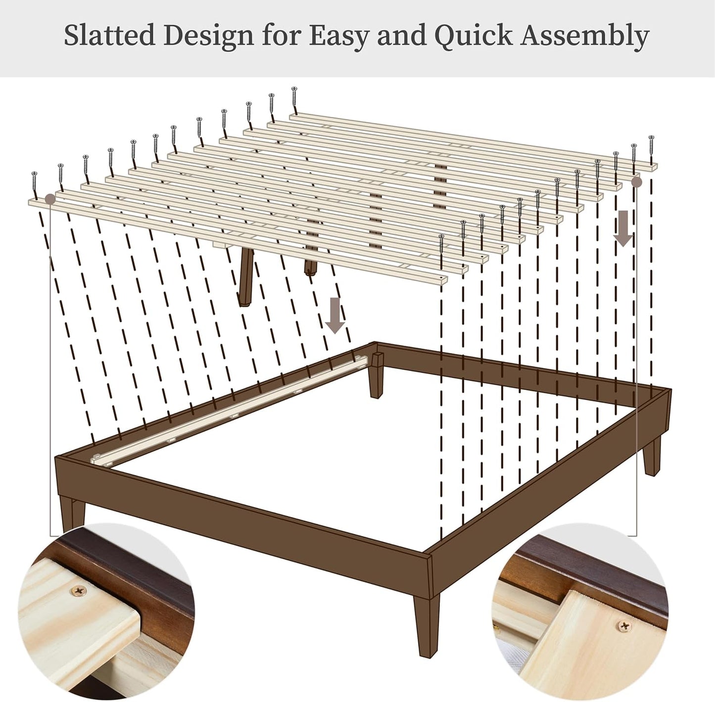Queen Bed Frame Natural Solid Wood Platform Bed with Wooden Slats Support, 12-Inch Underbed Space for Storage, Noise-Free Design, Easy Assembly, Dark Walnut Finish