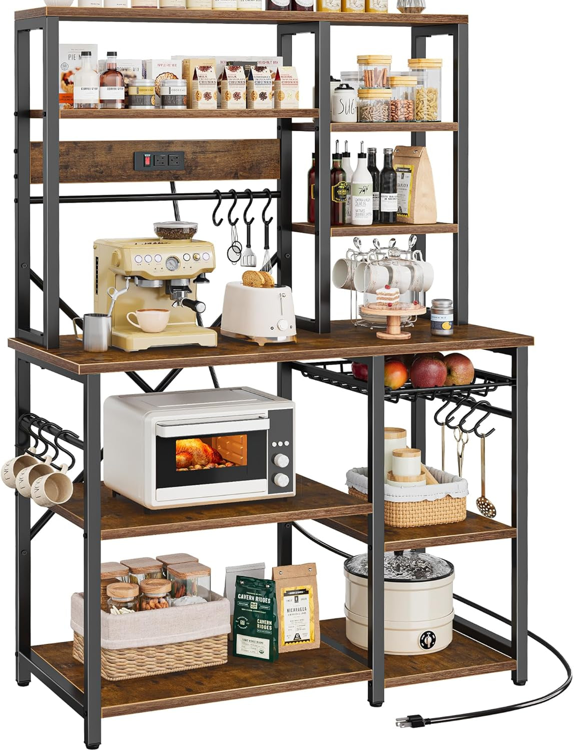 Large Bakers Rack with Power Outlets, 6-Tier Microwave Stand, Coffee Bar with 12 S-Shaped Hooks, Kitchen Shelf with Wire Basket, 39.4 X 14.6 X 66.9 Inches, Rustic Brown