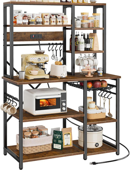 Large Bakers Rack with Power Outlets, 6-Tier Microwave Stand, Coffee Bar with 12 S-Shaped Hooks, Kitchen Shelf with Wire Basket, 39.4 X 14.6 X 66.9 Inches, Rustic Brown
