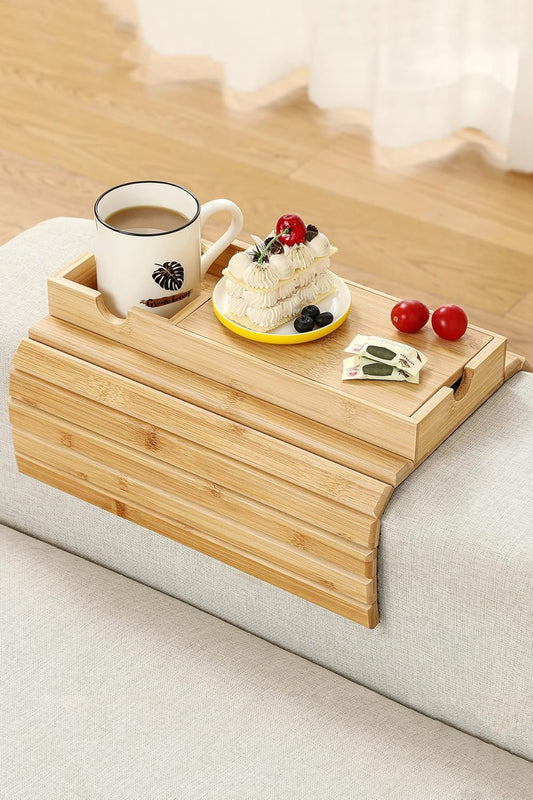 Sofa Arm Tray, Bamboo Large Couch Cup Holder with Hidden Storage, Sofa Armrest Tray Portable Anti-Spill Beverage Snack Remote Holder