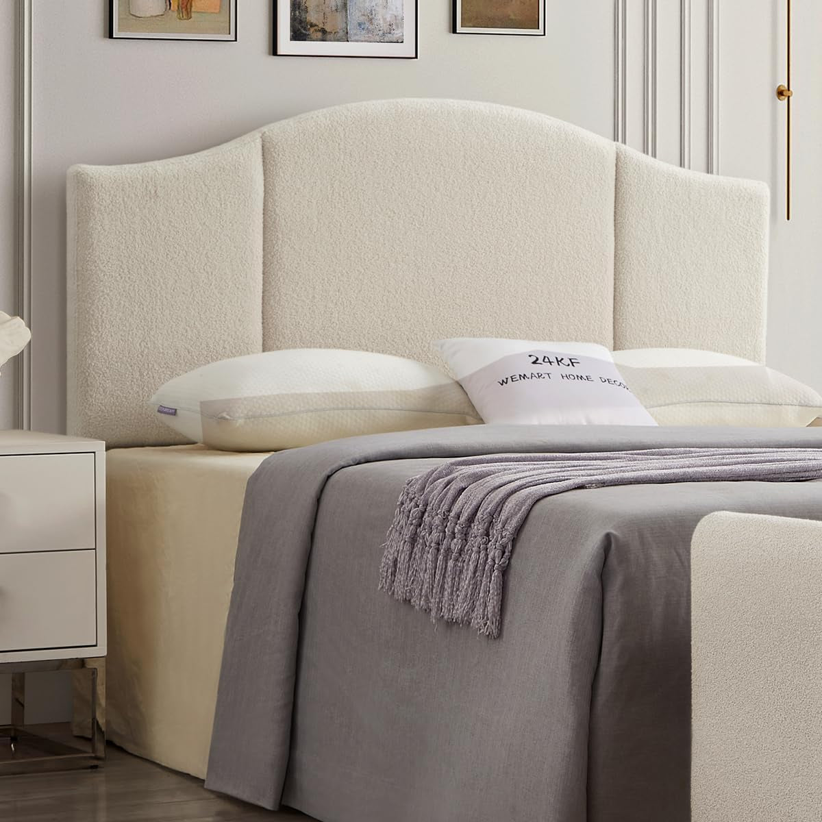 Middle Century Upholstered Foldable Headboard, Modern Boucle Teddy Fabric Queen/Full Headboard 6033-Q-Cream