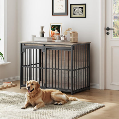 Dog Crate Furniture, 36.6" Heavy Duty Dog Kennel with Sliding Barn Door, Wooden Dog Cage Indoor, Decorative Side End Table for Small/Medium Dogs, Greige and Black GY162GW03G1