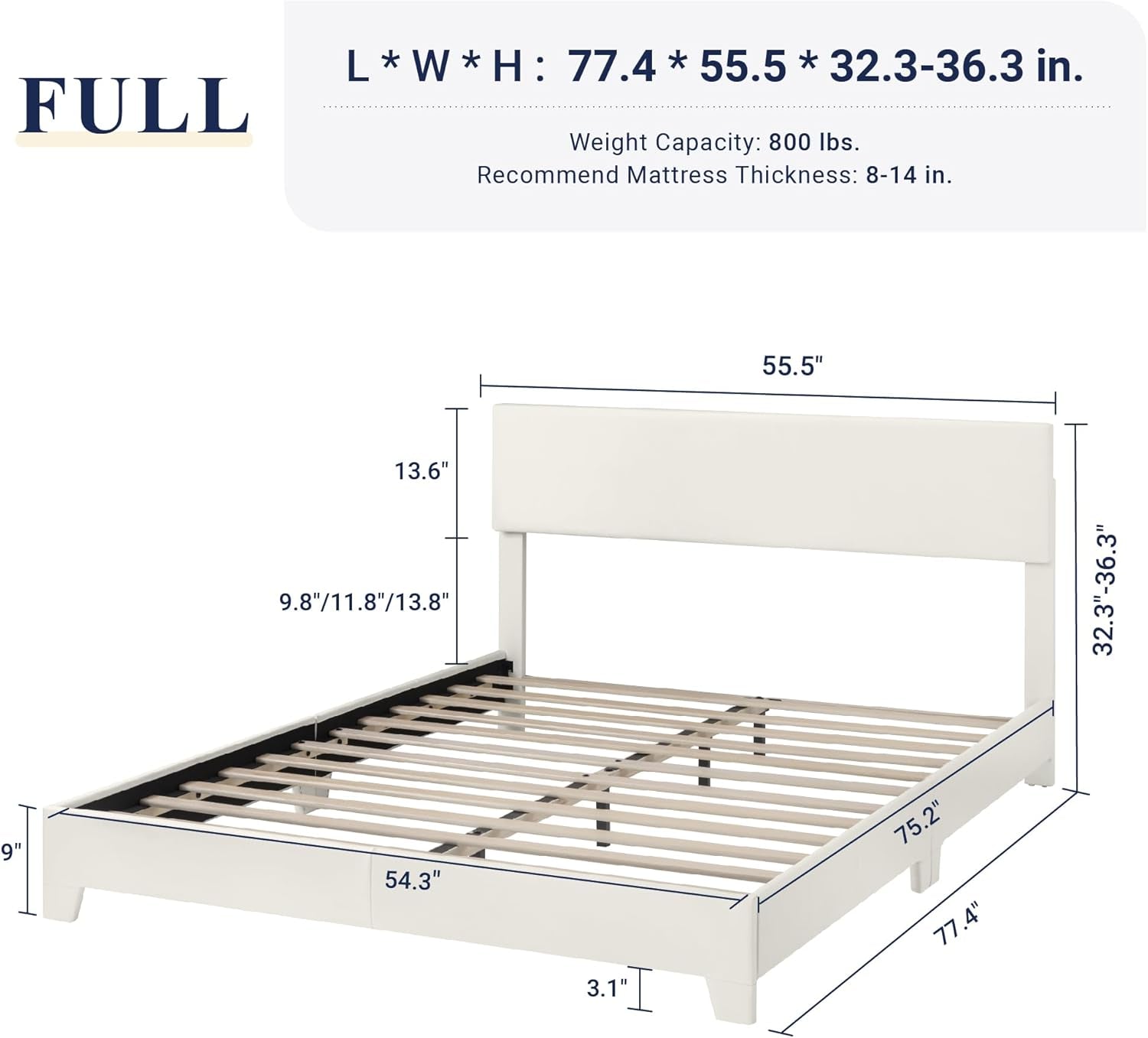 Full Size Bed Frame with Adjustable Headboard, Faux Leather Platform Bed with Wood Slats, Heavy Duty Mattress Foundation, No Box Spring Needed, Noise-Free, Easy Assembly, White