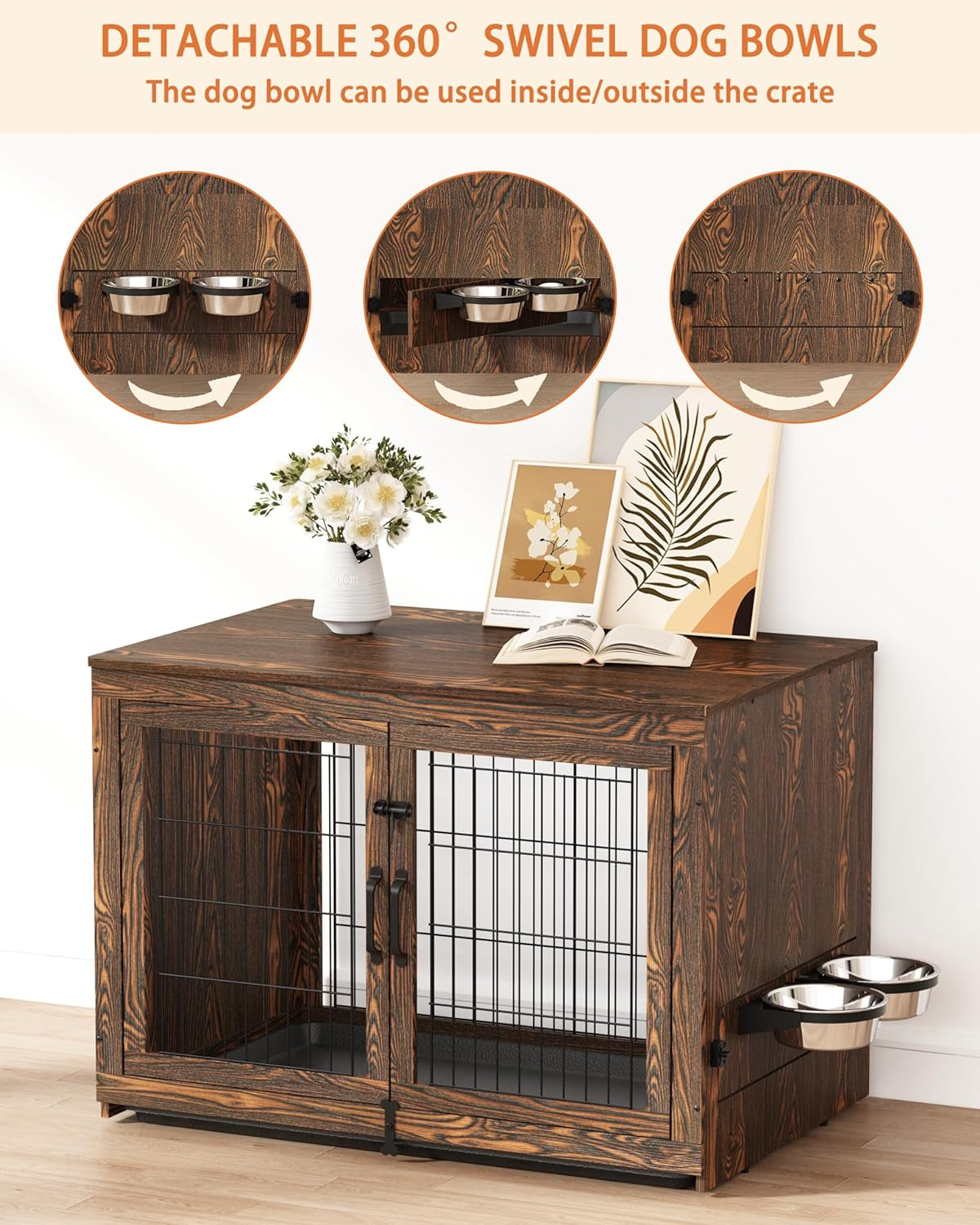 Wooden Dog Crate Furniture with 360°Rotatable Removable Dog Bowls, Dog Crate End Table with Tray, Double Doors Dog Kennels for Dogs(M:31.8" L*22.1" W*24.1" H, Rustic Style)