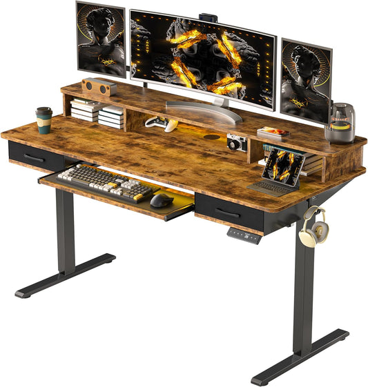 55X24 Inches Electric Standing Desk with Keyboard Tray, Height Adjustable Stand up Desk with 2 Drawers, Ergonomic Sit to Stand Desk with Storage Monitor Stand, Computer Table, Rustic Brown