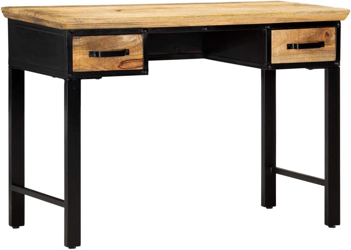 Writing Table Natural and Black Solid Mango Wood, Engineered Wood, 43.3 X 19.7 Inch Computer Desk with 2 Drawers, Home Office Desk