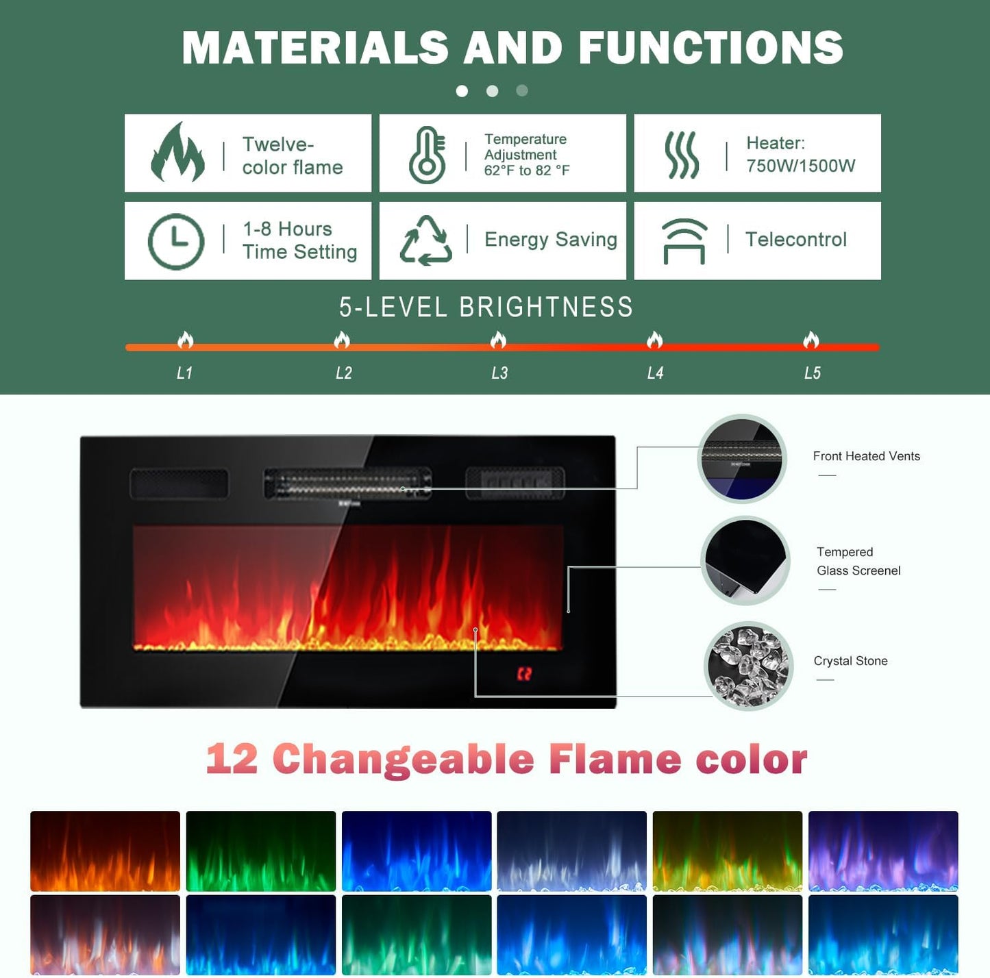 2 Tier TV Console Stand with 36" Electric Fireplace, LED Light Entertainment Center for Tvs up to 80" for the Living Room, 70", Black