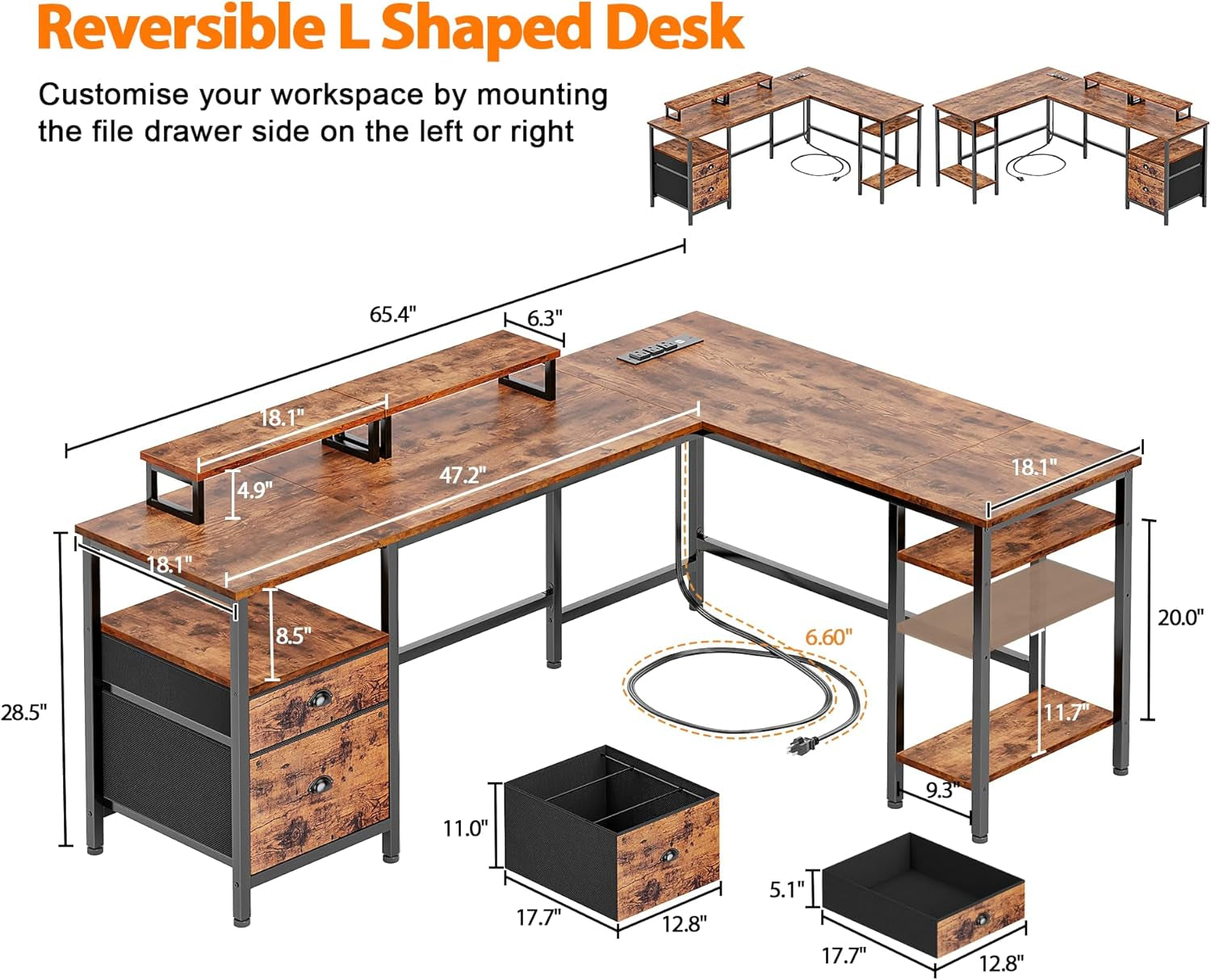 66” L Shaped Desk with Power Outlet, Reversible Computer Gaming Desk with File Drawer & 2 Monitor Stands for Home Office with Storage Shelves, White