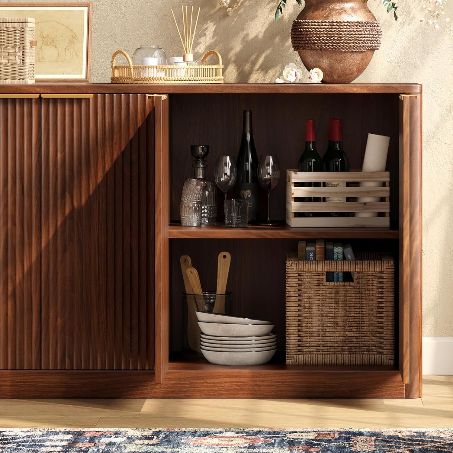67" Fluted Walnut Buffet Cabinet Sideboard with Storage, Large Credenza with 6 Doors, Wood Mid Century Modern Sideboard for Kitchen and Living Room (67" W*31.5" H*15.7" D)
