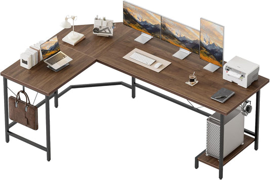 59 Inch Large L Shaped Desk, Simple Corner Gaming Desk with CPU Stand & Hooks, Computer Desk for Home, Bedroom & Office Workspace, Walnut