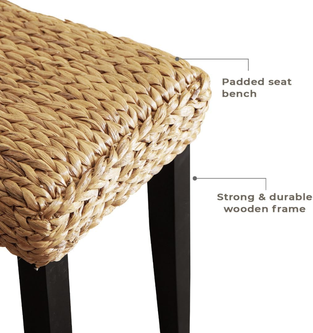 Solid Wood Acacia Bench with Natural Woven Seat, Boho Bench Entryway, Wood Bench for Living Room, Porch Lawn Garden Yard or Entryway (Fishbone Style - Black Leg, Water Hyacinth)