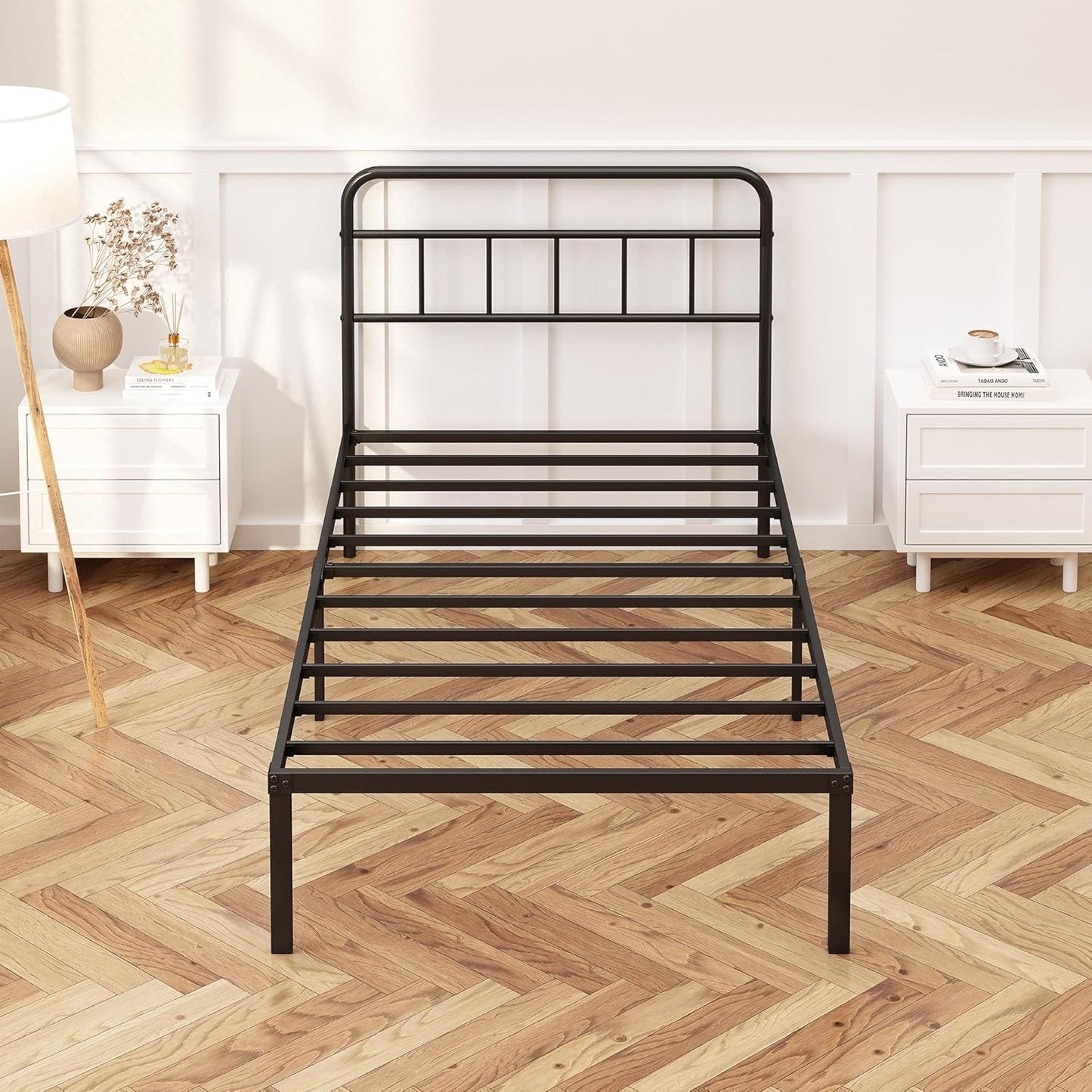 12 Inches Twin Size Bed Frame with Minimalist Headboard,Metal Platform Base with Strong Metal Slats,Mattress Foundation for under Bed Storage,Easy Assembly,Black
