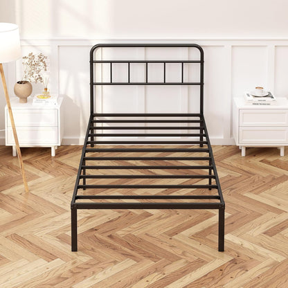 12 Inches Twin Size Bed Frame with Minimalist Headboard,Metal Platform Base with Strong Metal Slats,Mattress Foundation for under Bed Storage,Easy Assembly,Black