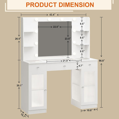 Makeup Vanity with Glass Top, White Vanity Desk with Mirror and Lights, Big Vanity with Drawers & Cabinets for Bedroom, Cute Vanity with Crystal Knobs & Power Outlet for Women