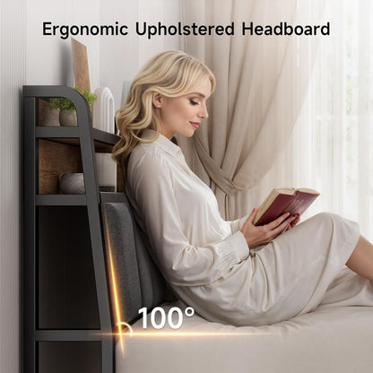 Black and brown upholstered queen headboard with storage, outlets and LED light, view 4