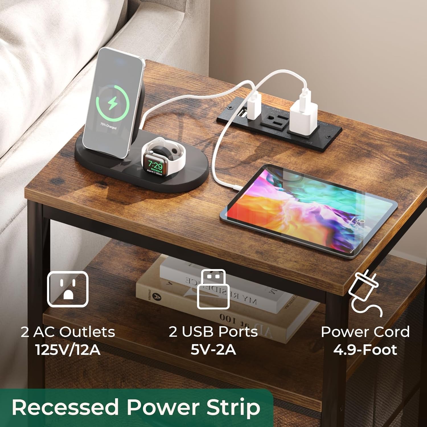 Nightstand with Charging Station, 27.6 Inch Bedside Table with Fabric Drawers, End Table with USB Ports and Outlets, Night Stand for Bedroom, Rustic Brown