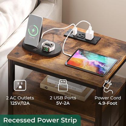 Nightstand with Charging Station, 27.6 Inch Bedside Table with Fabric Drawers, End Table with USB Ports and Outlets, Night Stand for Bedroom, Rustic Brown
