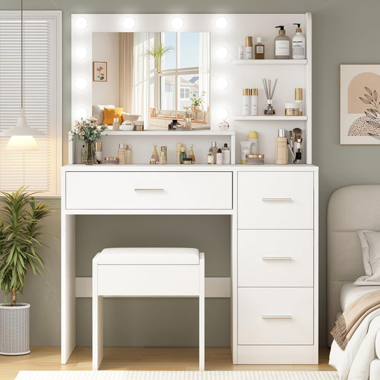 Makeup Vanity Desk with Mirror and Light,Dressing Table Set with 3 Color Modes LED Lights,Large and Three Level Storage Dresser, for Bedroom Dressing Room,White