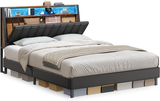 LED Bed Frame Queen Size, Storage Headboard and Charging Station, Queen Bed Frame with 2 AC Outlets, 1 USB Port, 1 Type-C Port, No Box Spring Needed, Ink Black and Rustic Brown URMB841B01